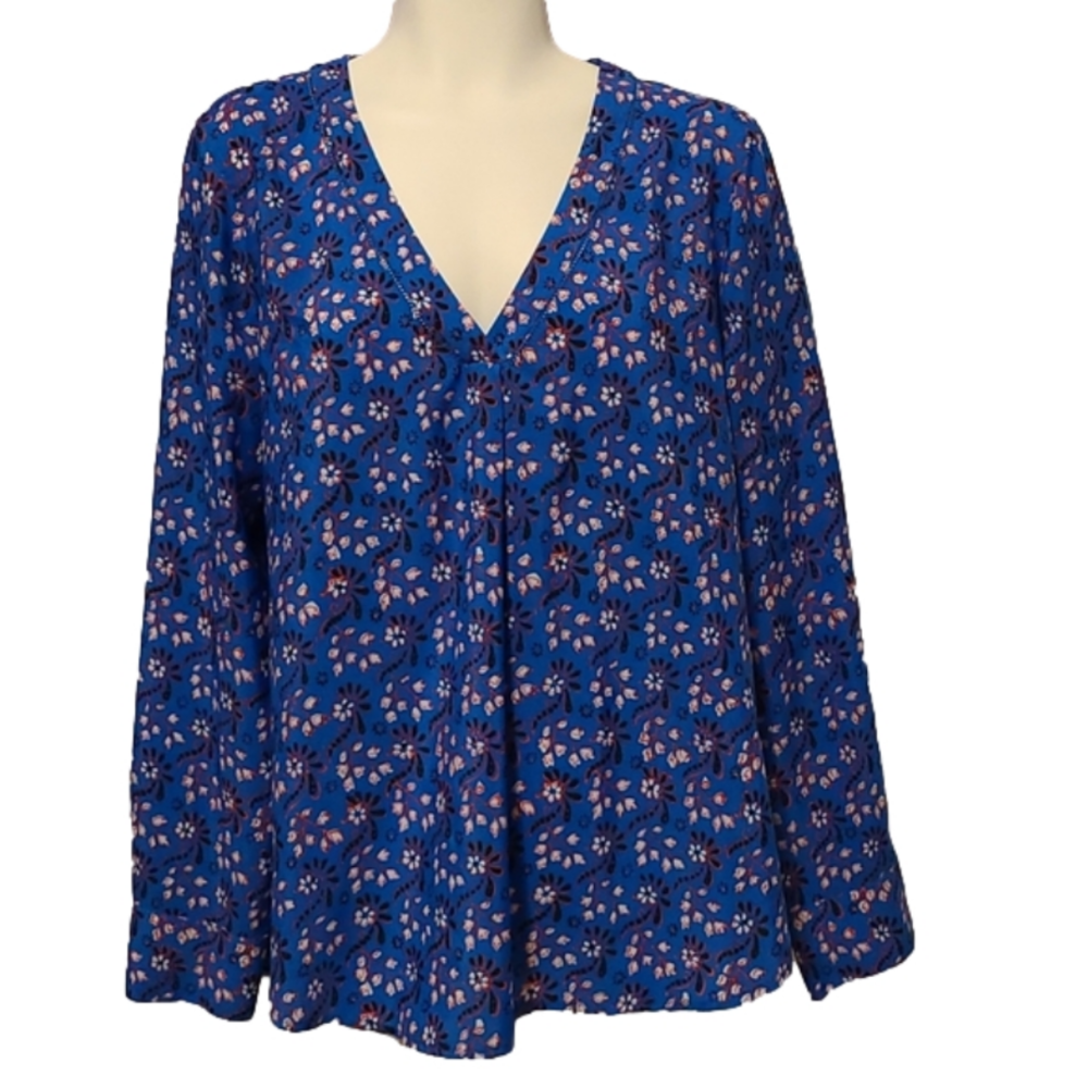 ⛱️J. Crew Popover Blue Floral Printed V Neck Peasant Blouse